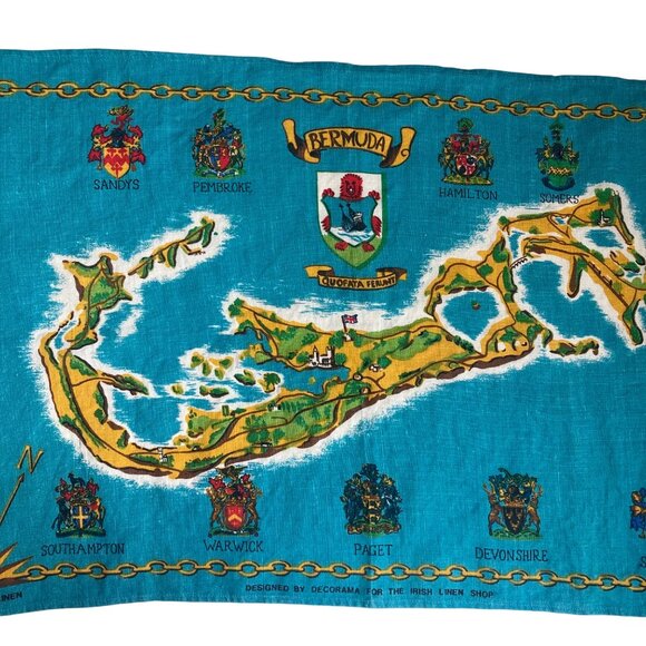Vintage Irish Linen Bermuda Map Tea Towel Crests By Decorama Made in Ireland - Picture 2 of 9